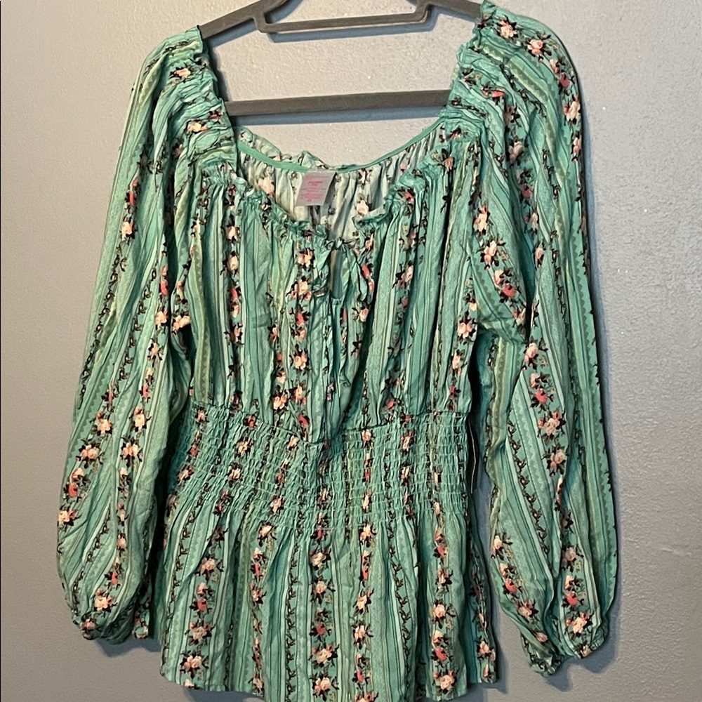 No Boundaries Mint Green Floral Peasant Tunic